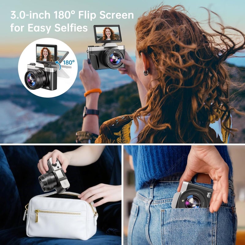 AUREAPIX 4K Digital Camera for Photography with WiFi, 2025 Latest Auto-Focus Vlogging Camera for YouTube Video 3'' 180° Flip Screen Travel Cameras 16X Zoom Anti-Shake 4K Cameras with SD Card, 2 Batteries - Image 5